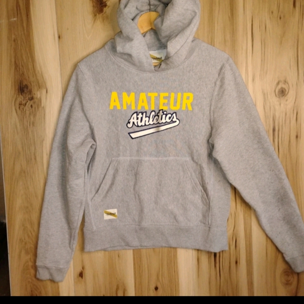 Tracksmith Gray Hoodie with Yellow and White Accents